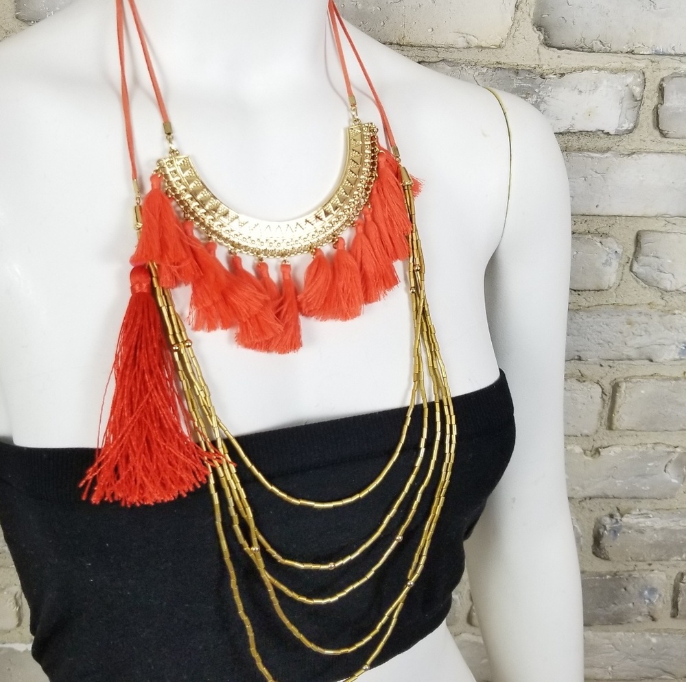 Duster necklace fringed frayed layer orange goldto